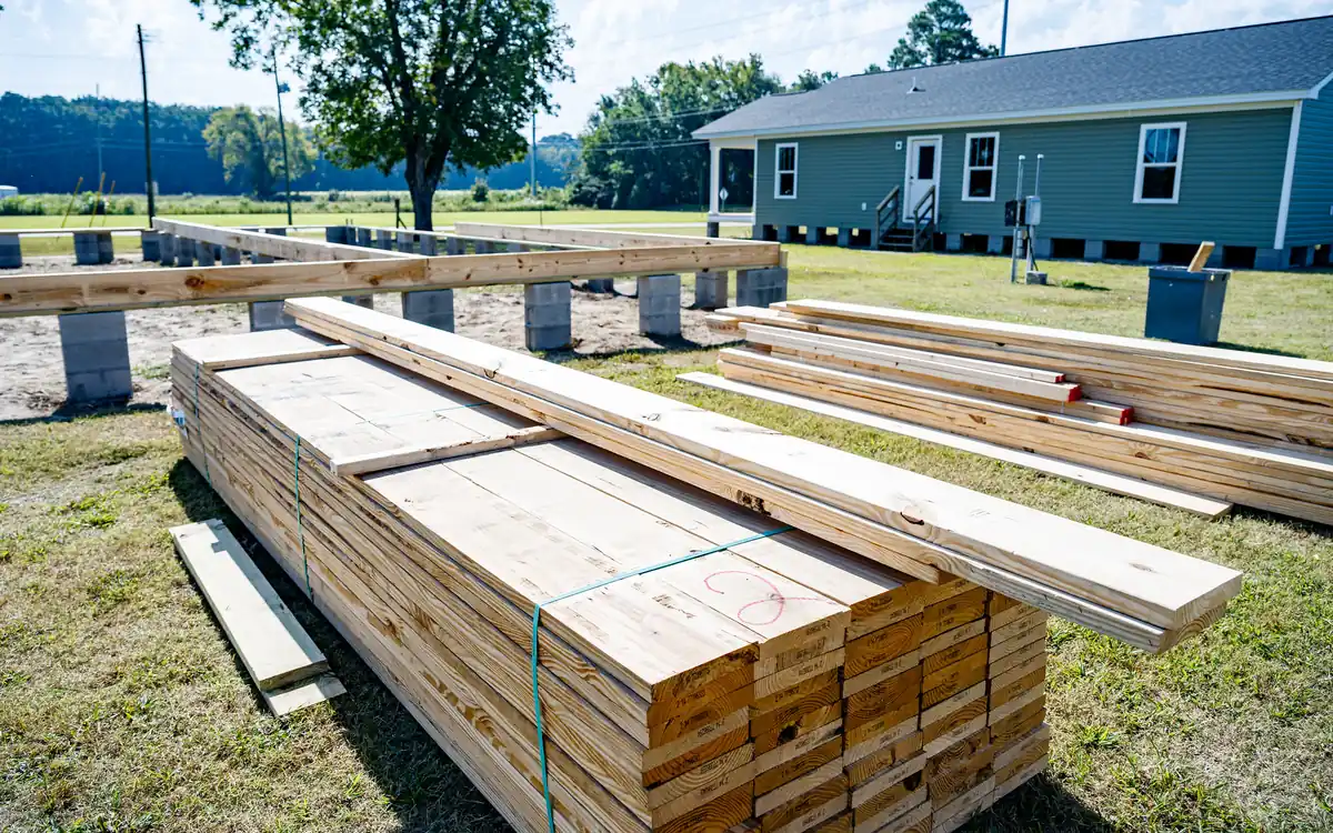 Banded stack of sawn lumber on grass at a house building site