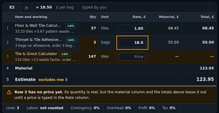 The estimate sheet: three lines with quantities, rates and totals, and a formula bar showing the working of the selected cell