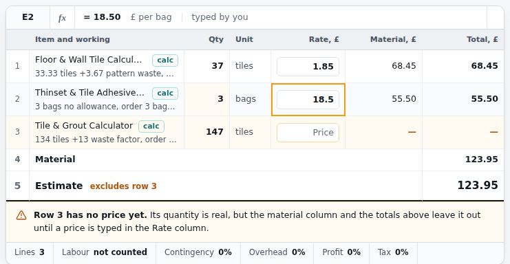 The estimate sheet: three lines with quantities, rates and totals, and a formula bar showing the working of the selected cell